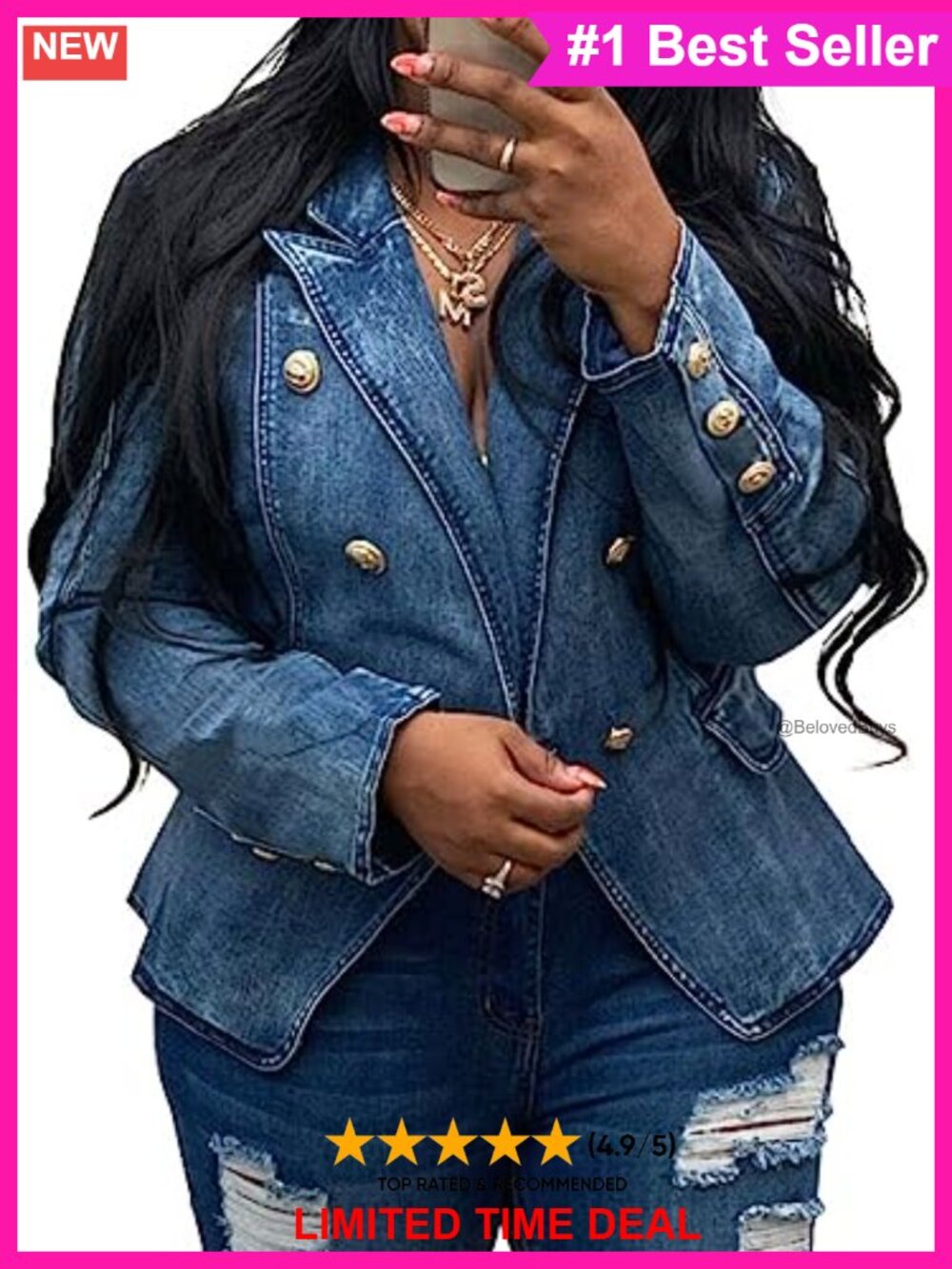 Denim Blazer Women's Business Casual Double Breasted Jean Jacket Long Sleeve
